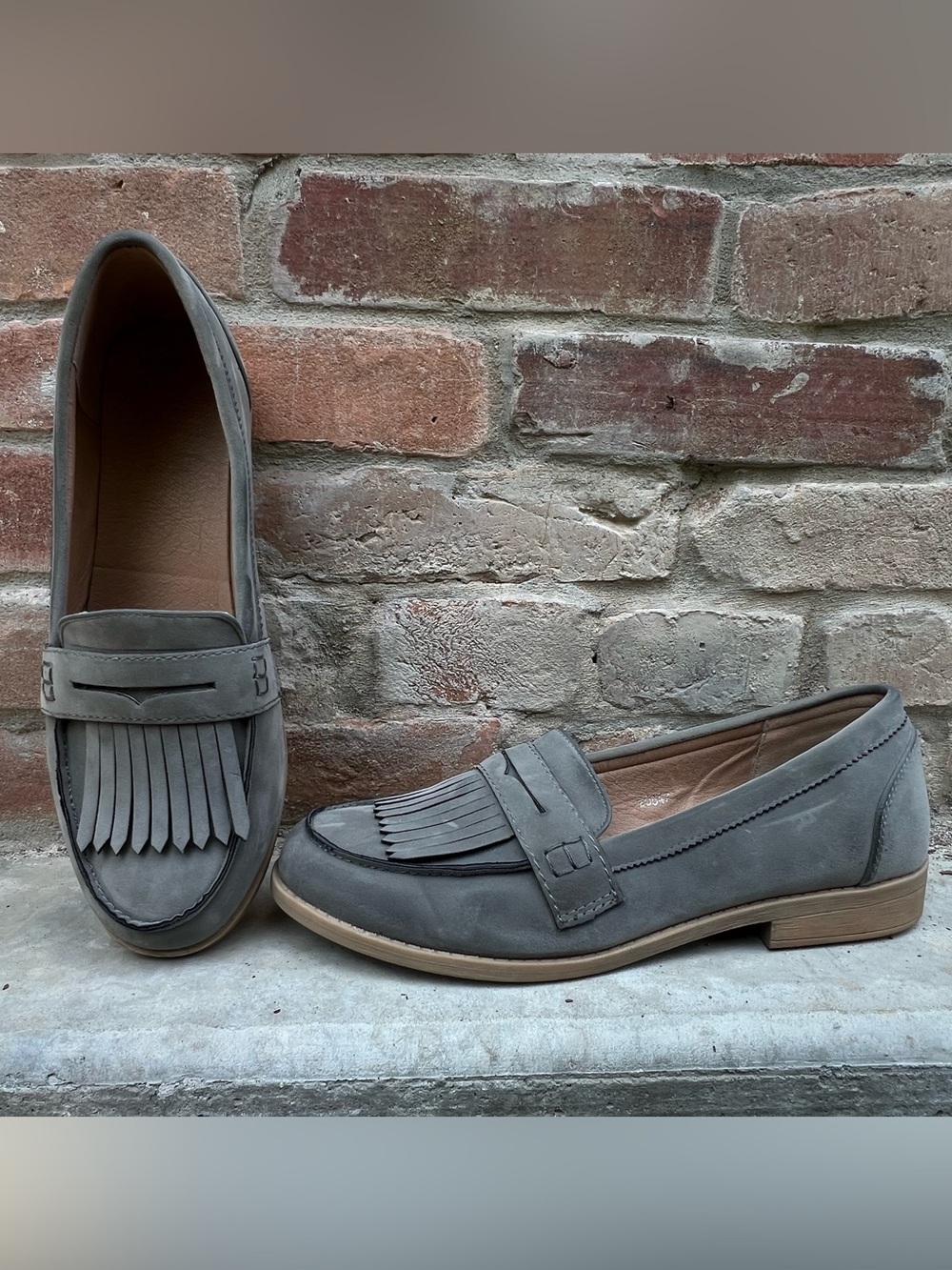 Suede-Like Grey Fringe Loafers Size 9 Gray Some Wear Faux Suede